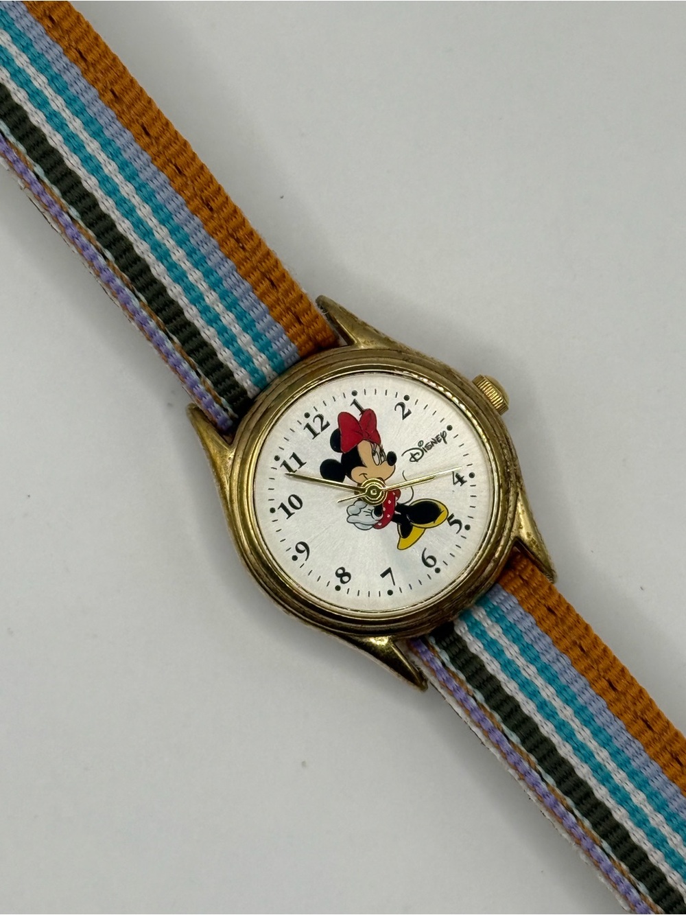 Women's Vintage Lorus Disney Minnie Mouse Gold Bezel Colorful Fabric Band